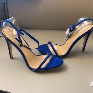 Blue and clear strappy heel; approx 4.5 inches